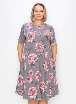 52 PSS-A {Let It Be The One} Charcoal Floral Print Dress EXTENDED PLUS SIZE 3X 4X 5X