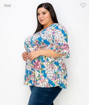 45 PSS-D {I Remember} Blue Floral Babydoll Top  EXTENDED PLUS SIZE 3X 4X 5X