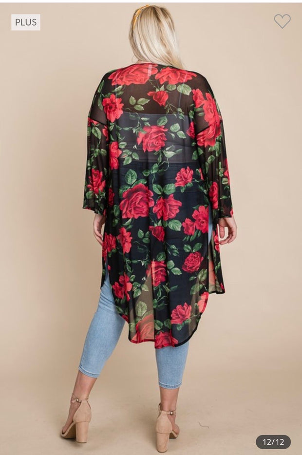 LD-T {The Rose Wins} Black/Red Rose Print Kimono PLUS SIZE 1X 2X 3X