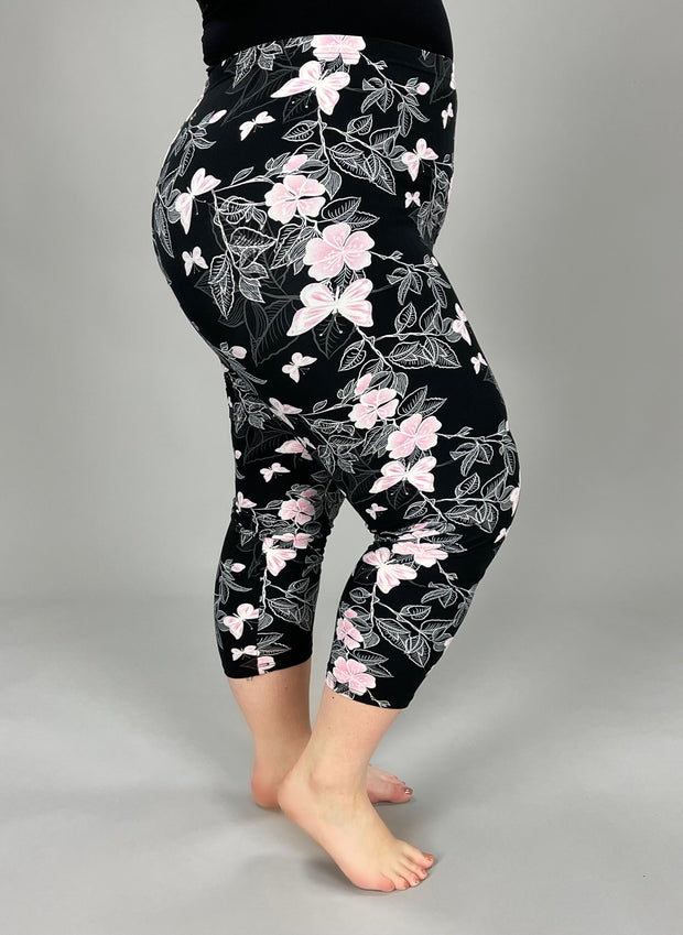 LEG-99{Butterfly Blooms} Pink Butterfly/Floral Butter Soft Capri Leggings EXTENDED PLUS SIZE 3X/5X