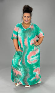 LD-M {Tie Dye For Days} Green ***SALE***Tie Dye V-Neck Long Dress EXTENDED PLUS SIZE 3X 4X 5X