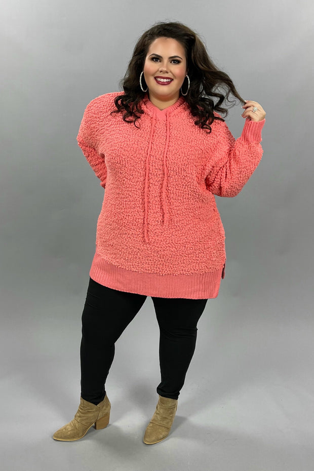 39 HD-Y {Hold Me Tight} Deep Coral Popcorn Hoodie PLUS SIZE XL 2X 3X