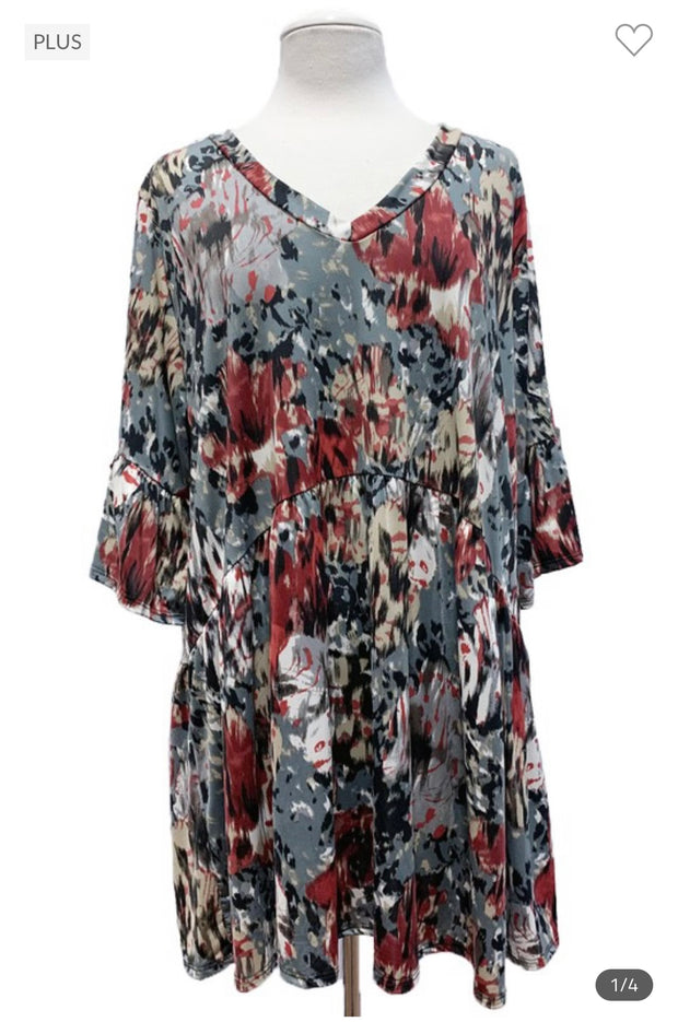 26 PQ-N {Deal Breaker} Grey Red Print Babydoll Top EXTENDED PLUS SIZE 3X 4X 5X