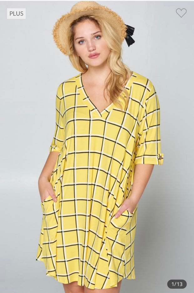 99 PSS-A {Catch My Drift} Yellow Check Print V-Neck Dress PLUS SIZE 1X 2X 3X