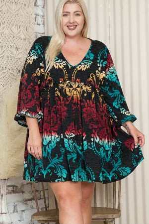 86 PQ-Y {No Wrong Answer} Black Damask Print Babydoll Tunic EXTENDED PLUS SIZE 3X 4X 5X