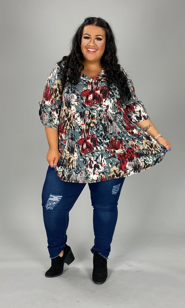 26 PQ-N {Deal Breaker} Grey Red Print Babydoll Top EXTENDED PLUS SIZE 3X 4X 5X