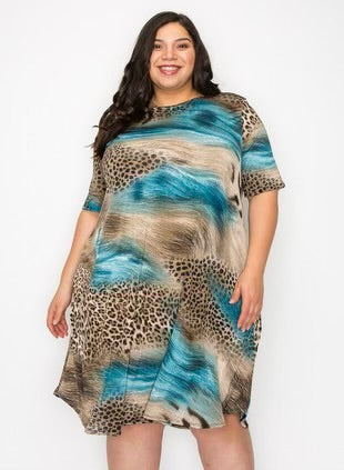 56 PSS-A {Striking Sight} Teal with Mocha Animal Print Dress PLUS SIZE 1X 2X 3X