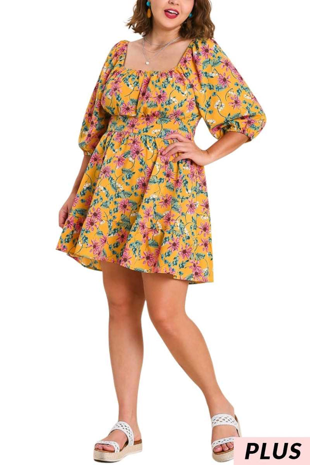 45 PSS-A {Lovely Blossoms} UMGEE Mustard Floral Dress PLUS SIZE XL 1X 2X