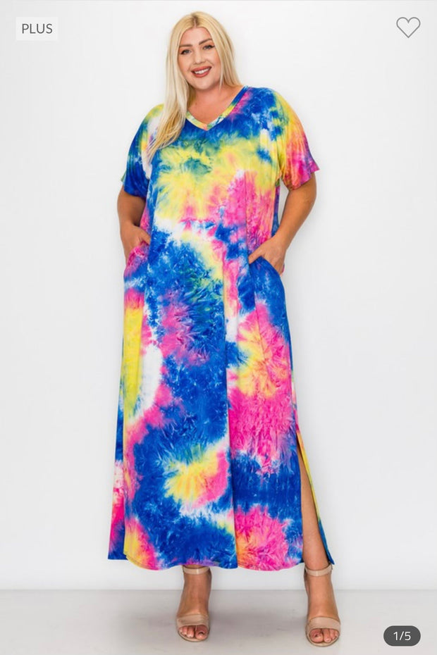 LD-A/Z {The Cosmos Awaits} ***SALE***Blue/Multi-Color Tie Dye Maxi Dress EXTENDED PLUS SIZE 3X 4X 5X