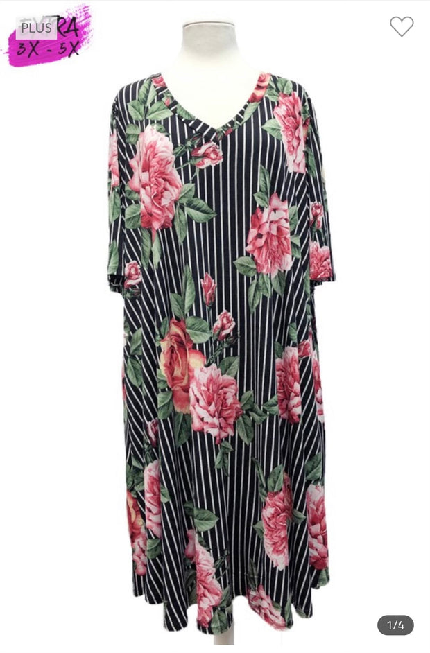 26 PSS-I {The Stripe Goes On} Black Striped Floral V-Neck Dress EXTENDED PLUS SIZE 3X 4X 5X