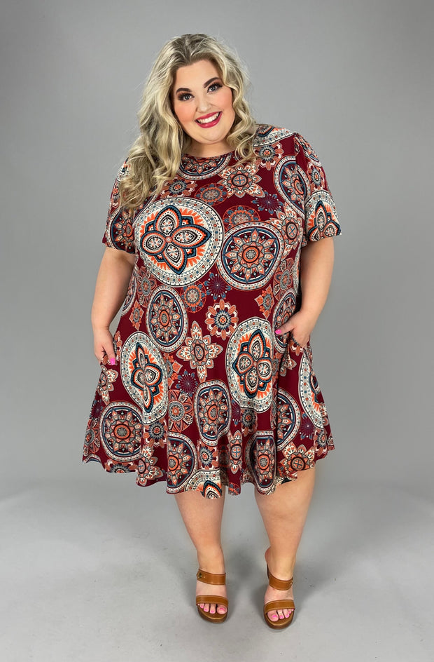 53 PSS-C {Mandala Madness} Burgandy Mandala Print Dress EXTENDED PLUS SIZE 3X, 4X, 5X