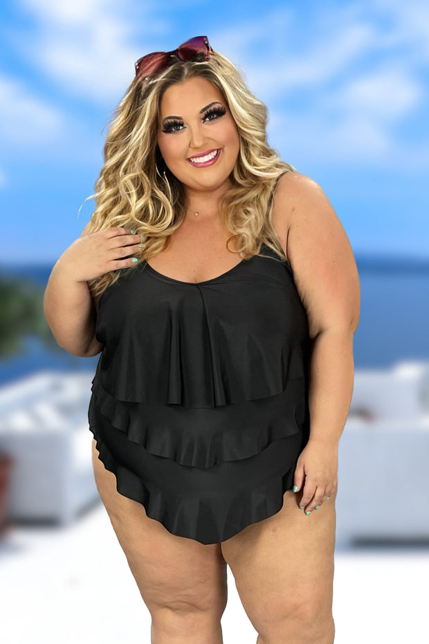 SWIM-S {Bahama Beauty} Black Ruffle One Piece Swimsuit EXTENDED PLUS SIZE 4X