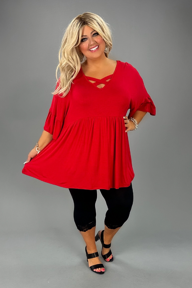 28 SSS-D {Express Your Style} Red Criss-Cross Babydoll Tunic CURVY BRAND!!!  EXTENDED PLUS SIZE 1X 2X 3X 4X 5X 6X (Runs Larger!!!)