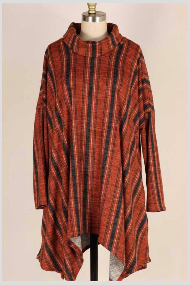 PQ-M {Time Together} Rust Black Stripe Cowl Neck Tunic PLUS SIZE XL 2X 3X