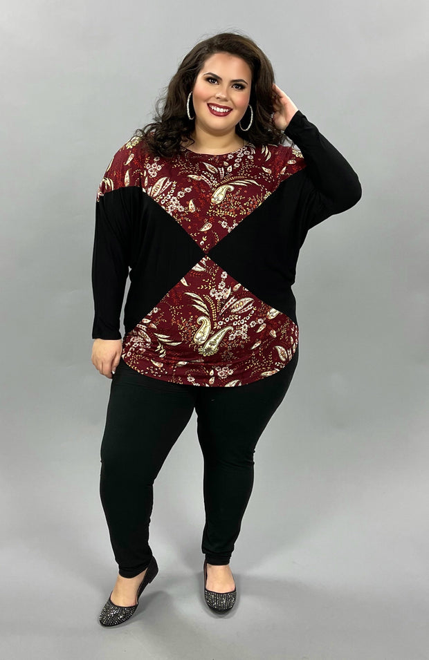 CP-P {Harvest Blessing}  Maroon Black Paisley Print Top PLUS SIZE XL 2X 3X