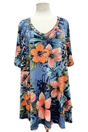 24 PSS-F {Can We Talk} Blue Floral Print V-Neck Top EXTENDED PLUS SIZE 3X 4X 5X