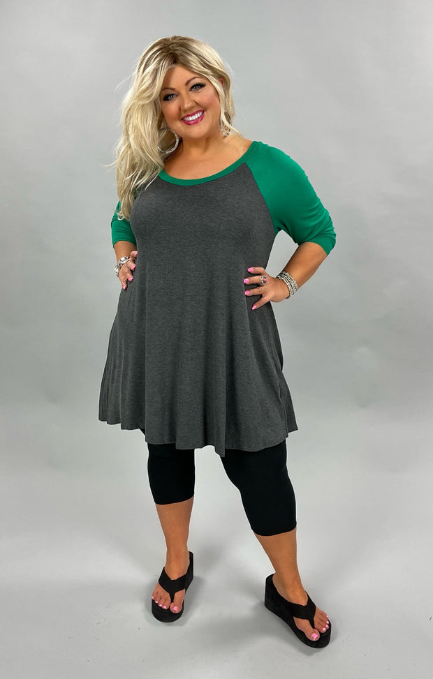 13 OR 37 CP-G {Game Day} Green/Charcoal Raglan Tunic CURVY BRAND!! EXTENDED PLUS SIZE 1X 2X 3X 4X 5X 6X***FLASH SALE***