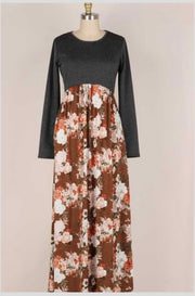 LD-R {Fall Dreams} Charcoal/Brown Floral Long Dress PLUS SIZE 1X 2X 3X SALE!!!!