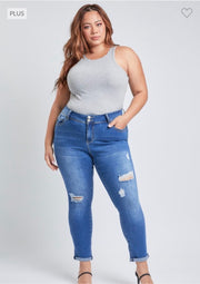 BT-K {YMI Wanna Betta Butt} Med Blue Ripped Cuffed Ankle Jeans PLUS SIZE 14 16 18 20