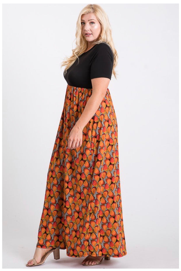 LD-D {Orange Slice} Black & Orange Print Maxi Dress PLUS SIZE 1X 2X 3X