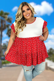 97 CP-A {Tea Party Vibes} Red/Ivory Floral Tiered Tunic PLUS SIZE 1X 2X 3X