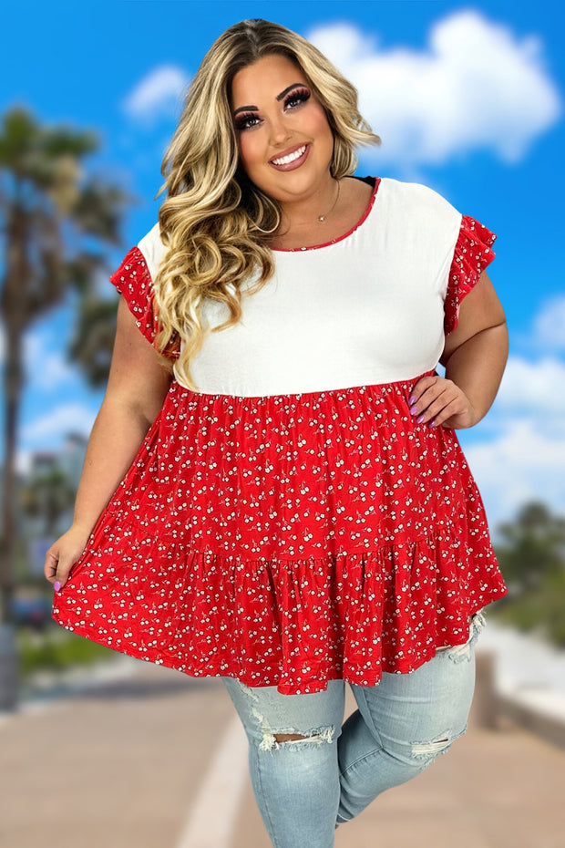 97 CP-A {Tea Party Vibes} Red/Ivory Floral Tiered Tunic PLUS SIZE 1X 2X 3X