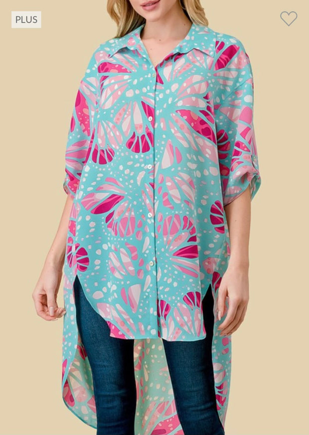 22 PSS-S {Radiant Reflection} Blue/Pink Print Hi/Low Tunic PLUS SIZE 1X 2X 3X