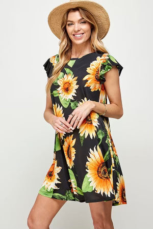 30 PSS-A {Sunflower Fun Flower} Black Printed Dress PLUS SIZE 1X 2X 3X