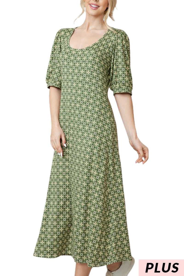 LD-Q {Flying Free} Sage Print Midi Dress PLUS SIZE 1X 2X 3X