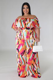 LD-P {Spicy Girl} Multi-Color Print Off Shoulder Jumpsuit PLUS SIZE 1X 2X 3X