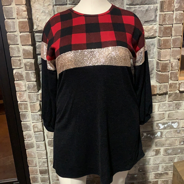 37 CP-E {Peaceful Moment} Red Black Plaid Sequin Tunic PLUS SIZE XL 2X 3X