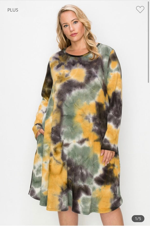 40 PLS-B {Hiding No More} Olive Waffle Knit Tie Dye Dress EXTENDED PLUS SIZE 3X 4X 5X