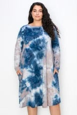 55 PLS-A {The Moment Is Now} Navy Tie Dye Dress w/Pockets EXTENDED PLUS SIZE 1X 2X 3X 4X 5X