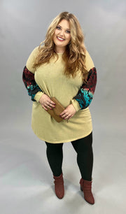 CP-O {My Best Mood} Tan Teal Red Print Sleeve Knit Top PLUS SIZE XL 2X 3X