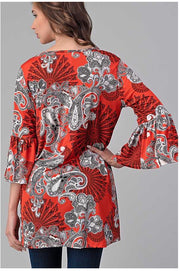 PQ-C {Spice Things Up} Red & Ivory Paisley Bell Sleeve Tunic PLUS SIZE XL 2X 3X