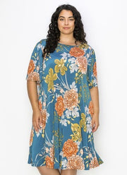 45 PSS-S {My Teal Garden} Teal Floral Dress w/Pockets EXTENDED PLUS SIZE 3X 4X 5X