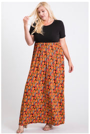 LD-D {Orange Slice} Black & Orange Print Maxi Dress PLUS SIZE 1X 2X 3X