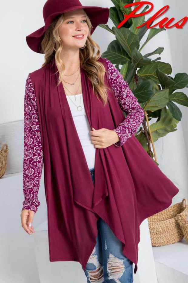 63 OT-C {Floral Motif} Burgundy Cardigan W/Floral Sleeve PLUS SIZE 1X 2X 3X