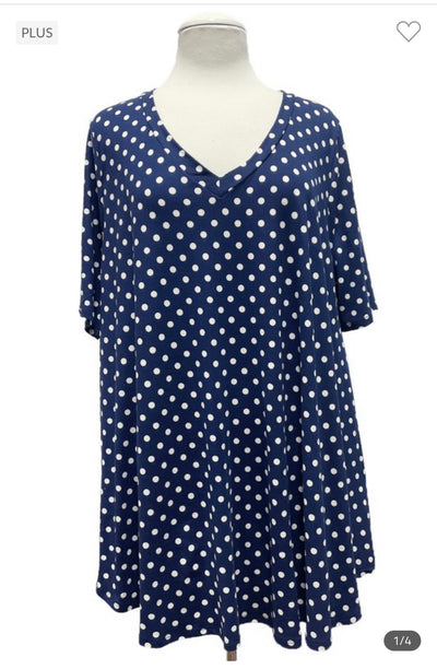 61 PSS-C {Awaiting Truth} Navy Polka Dot V-Neck Top EXTENDED PLUS SIZE 3X 4X 5X