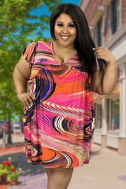 33 PSS-S {Happy Skies} Orange/Pink SALE!! Print Babydoll Dress PLUS SIZE XL 2X 3X