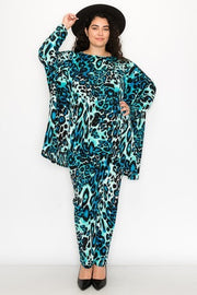 17 SET-B {Call On Me} Teal Leopard Print Top & Pant Set EXTENDED PLUS SIZE 3X 4X 5X