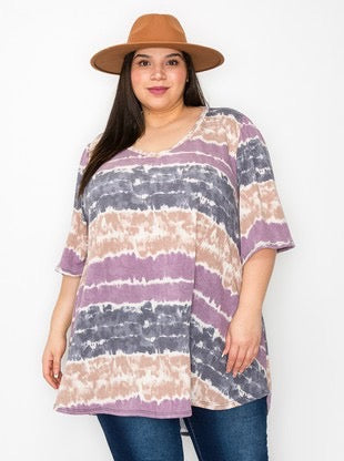 23 PSS-X {Gonna Miss You} Taupe/Plum Tie Dye V-Neck Tunic EXTENDED PLUS SIZE 3X 4X 5X