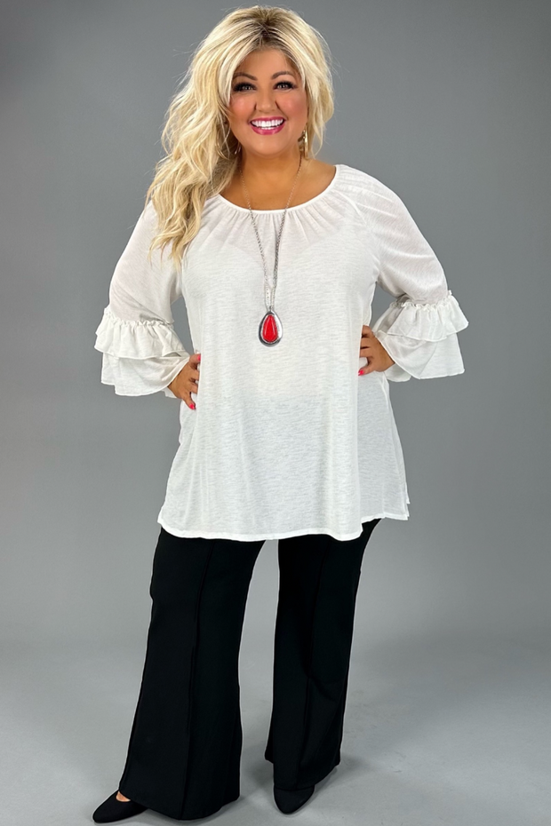 22 SQ-A {Endearing Heart} Ivory Ruffle Sleeve Top PLUS SIZE 1X 2X 3X