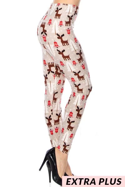 BIN 99  {Santa Ride} Taupe Leggings W/Reindeer PLUS SIZE