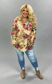 CP-L {Love So Sweet} Taupe Rose Floral Soft Knit Top PLUS SIZE XL 2X 3X