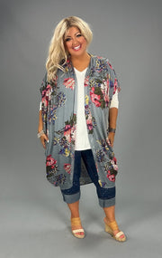 15 OT-E {Cover Me In Flowers} Umgee Grey Floral Kimono PLUS SIZE XL/1X  1X/2X