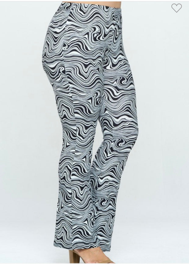 BT-A {On A Break} Black/White Swirl Print Flared Knit Leggings PLUS SIZE 1X 2X 3X