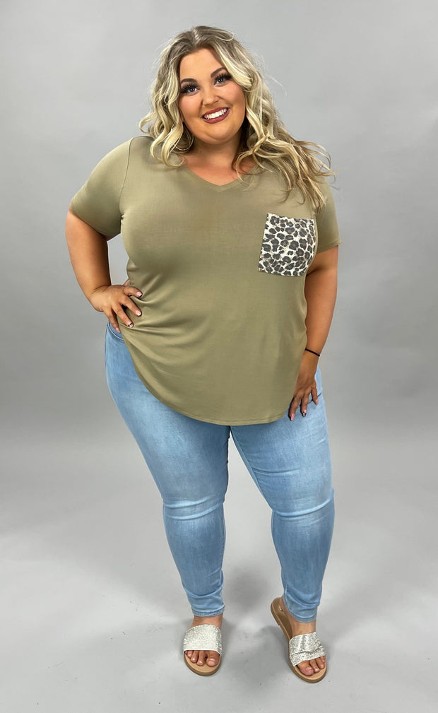 27 SD-C {Perfect Pocket} Olive/Khaki  V-Neck Leopard Pocket Top PLUS SIZE 1X 2X 3X***SALE***