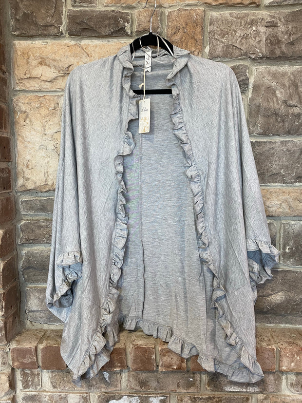 OT-H{Shrug Your Shoulders)  SALE!! Heather Gray Cardigan With Tiny Ruffle Edge PLUS SIZE 1X 2X 3X