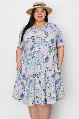 71 PSS-F {Moment Maker}  SALE!! Lavender Floral V-Neck Dress EXTENDED PLUS SIZE 3X 4X 5X